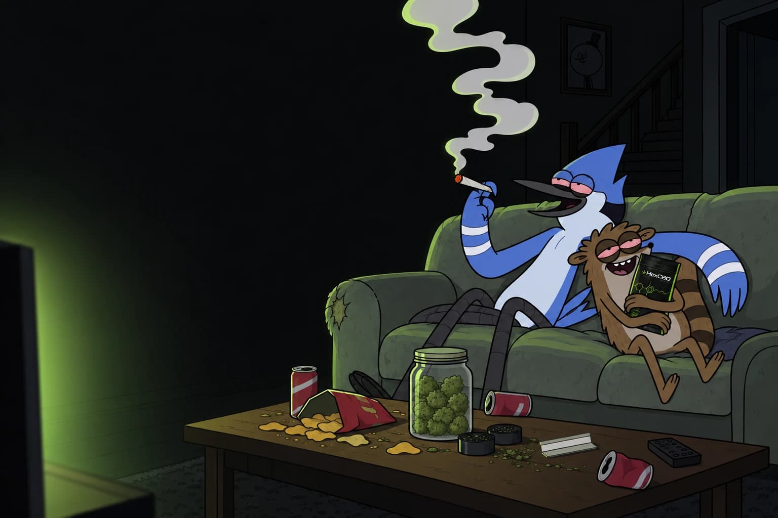 Mordecai et Rigby affalés dans leur canapé, Rigby serre un sachet HexCBD dans ses bras